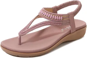 Orthopedic Sandals for Women Arch Support Sandals Women's Fashion Rhinestone Beaded Bohemian Sandal Ankle Strap Slip On Flip Flops Beach Comfortable Platform Shoes