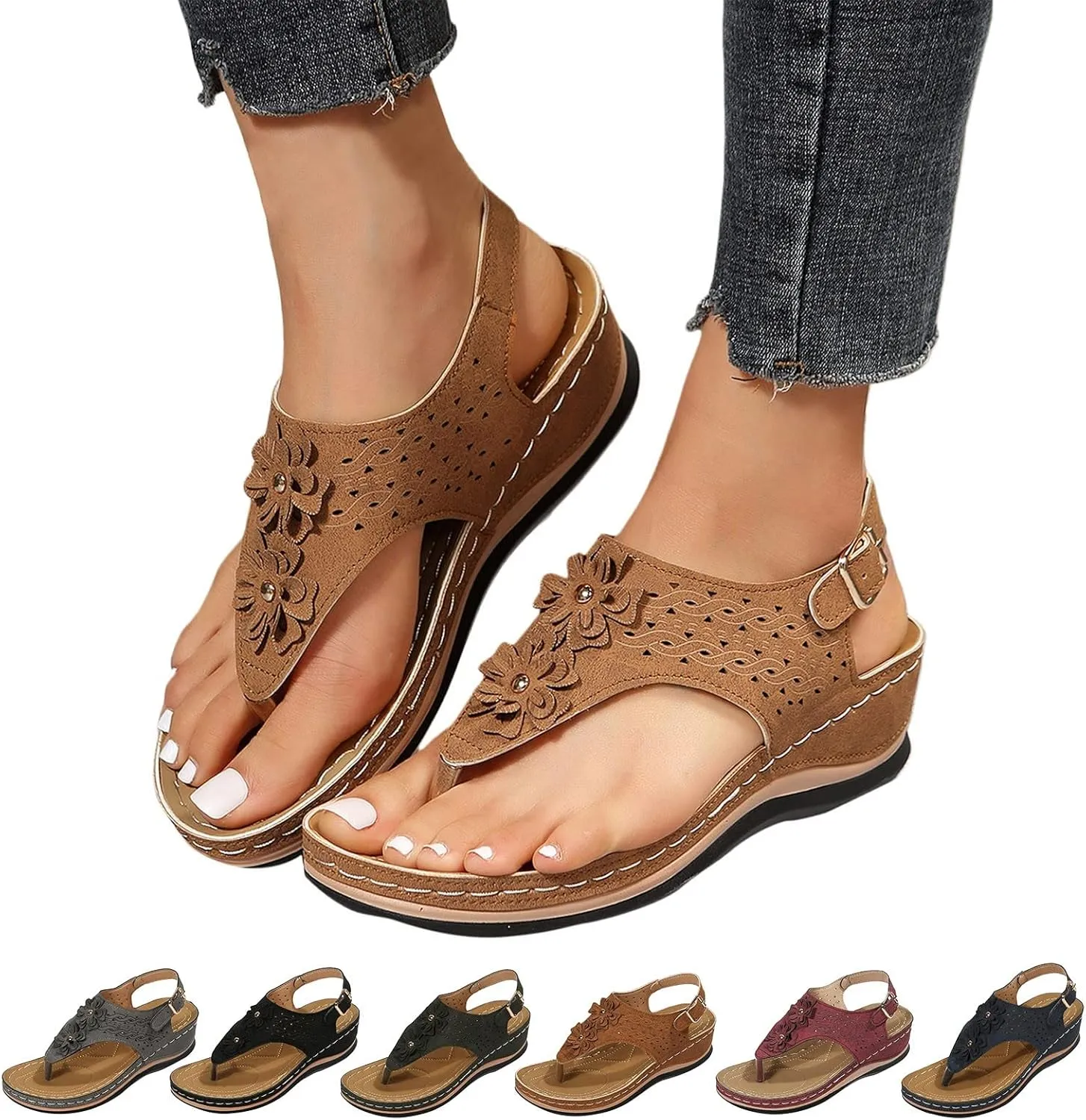 Orthotic Sandals for Women Wide Flip Flops Beach with Flowers Platform Slide Shoes Dressy Arch Support Womens Wedge Sandals Dressy Soft Leather Sandal Orthtic