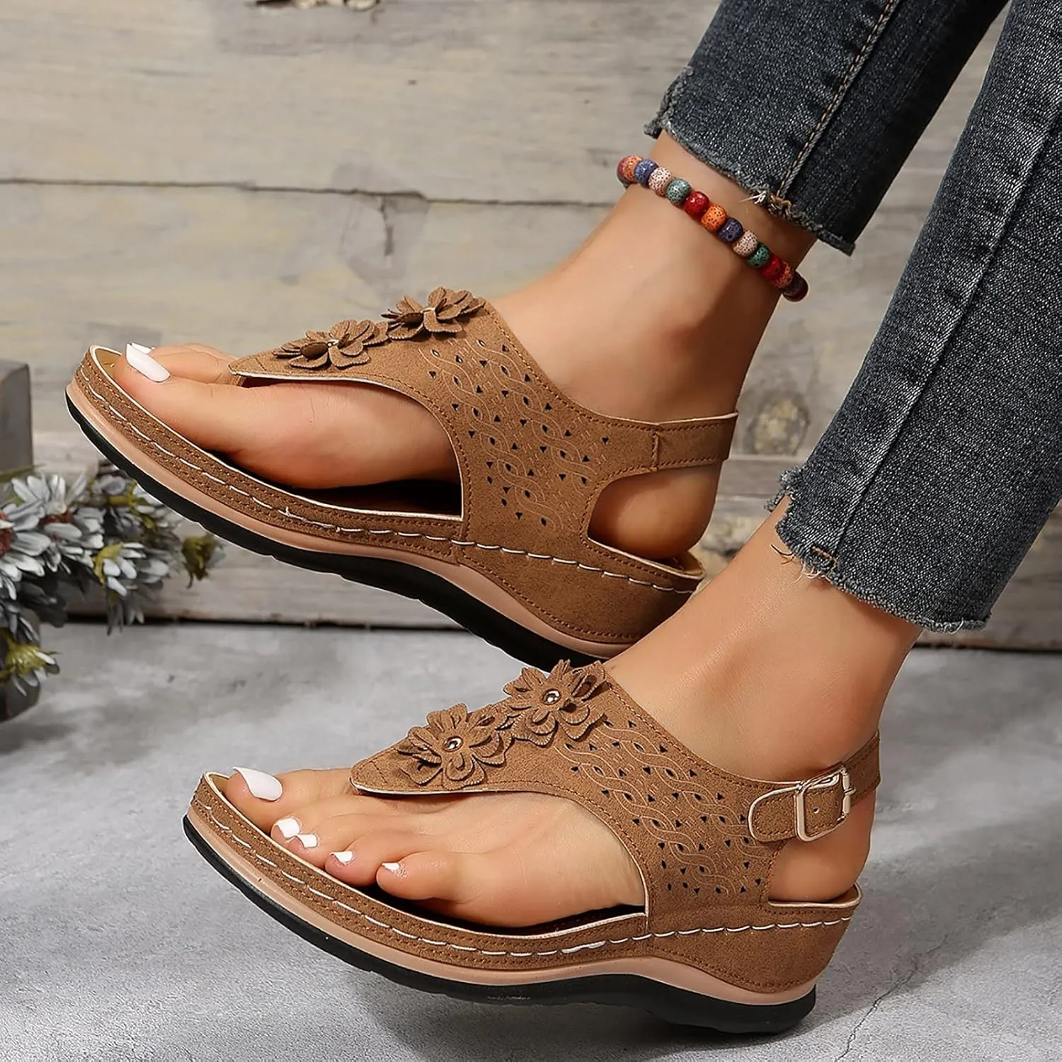 Orthotic Sandals for Women Wide Flip Flops Beach with Flowers Platform Slide Shoes Dressy Arch Support Womens Wedge Sandals Dressy Soft Leather Sandal Orthtic