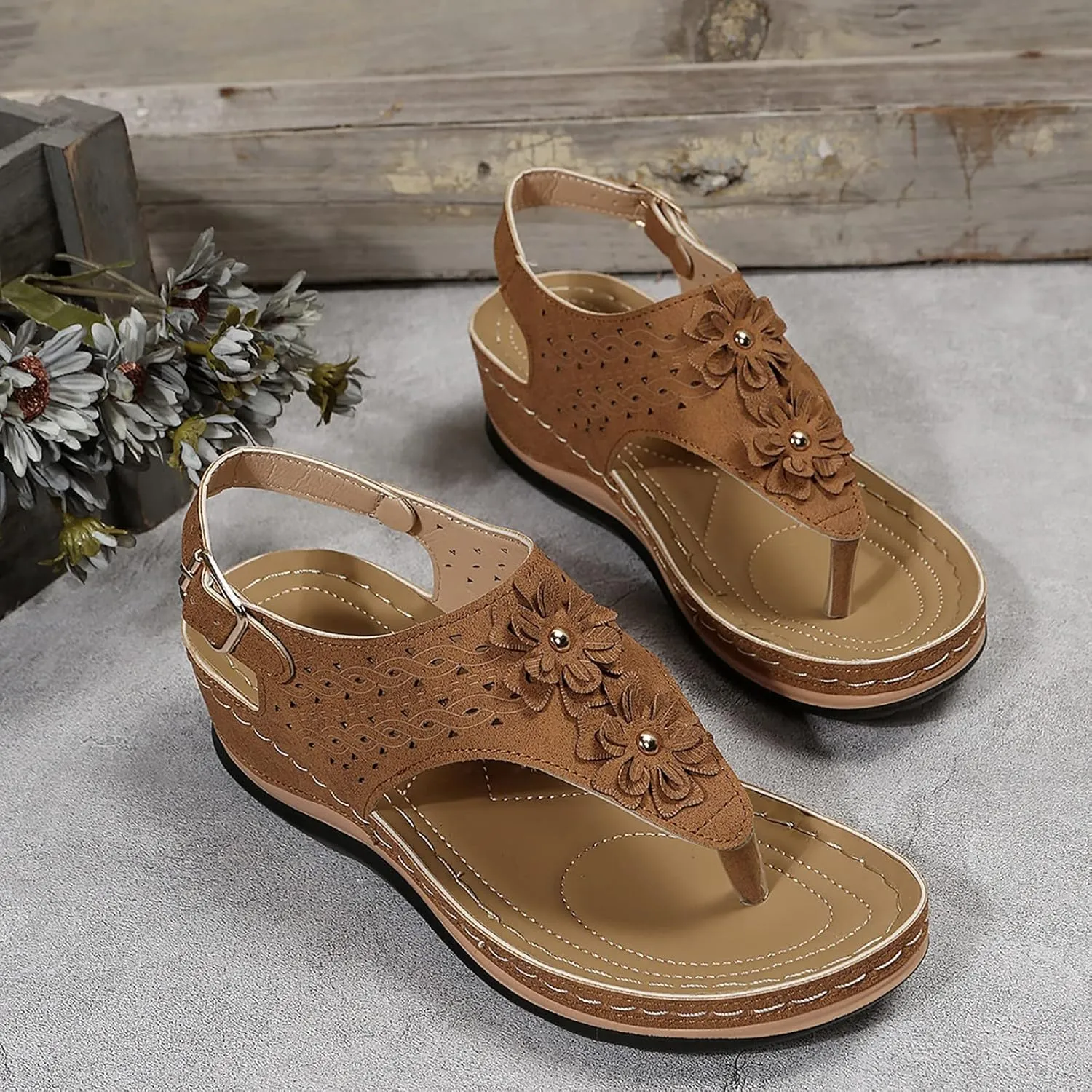Orthotic Sandals for Women Wide Flip Flops Beach with Flowers Platform Slide Shoes Dressy Arch Support Womens Wedge Sandals Dressy Soft Leather Sandal Orthtic