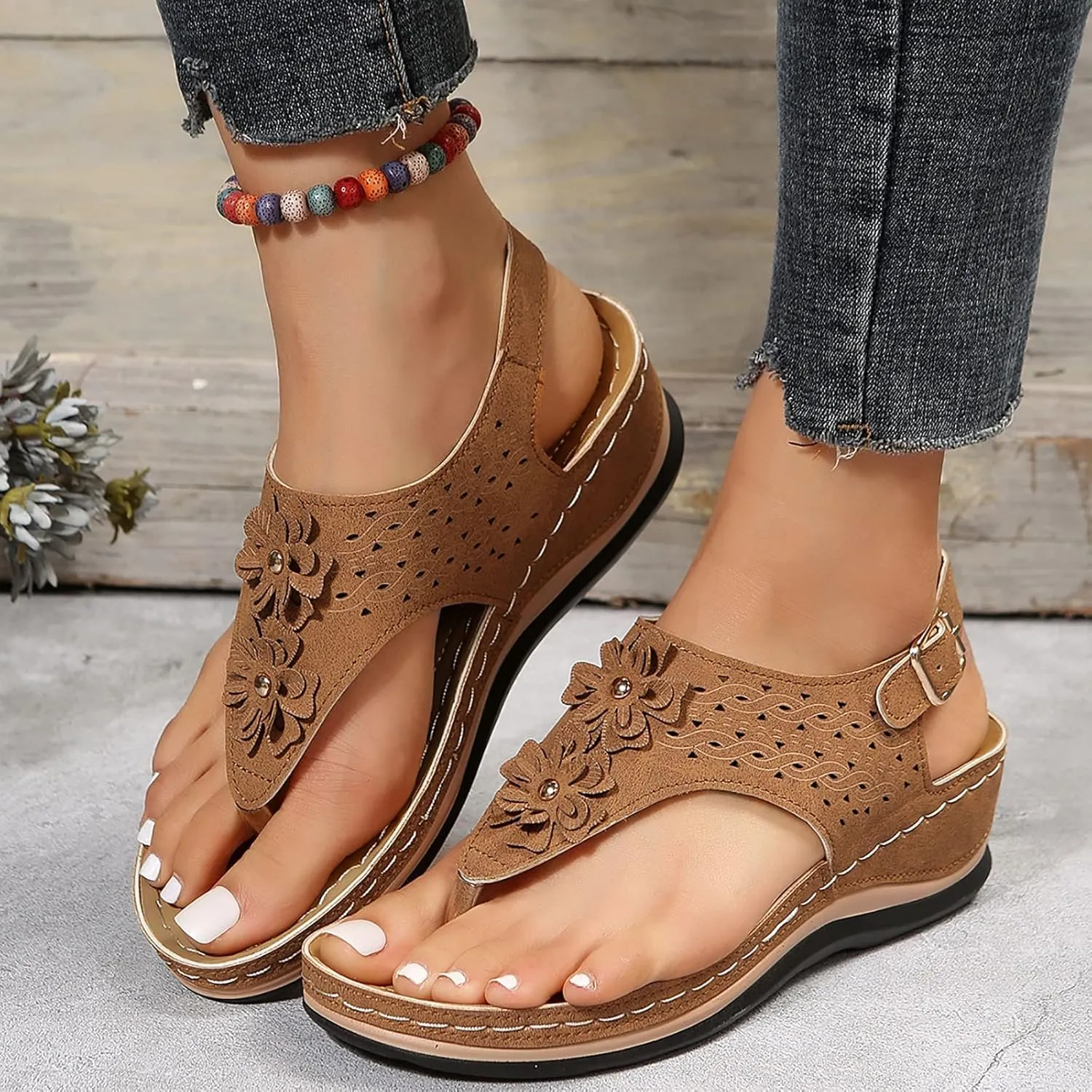 Orthotic Sandals for Women Wide Flip Flops Beach with Flowers Platform Slide Shoes Dressy Arch Support Womens Wedge Sandals Dressy Soft Leather Sandal Orthtic