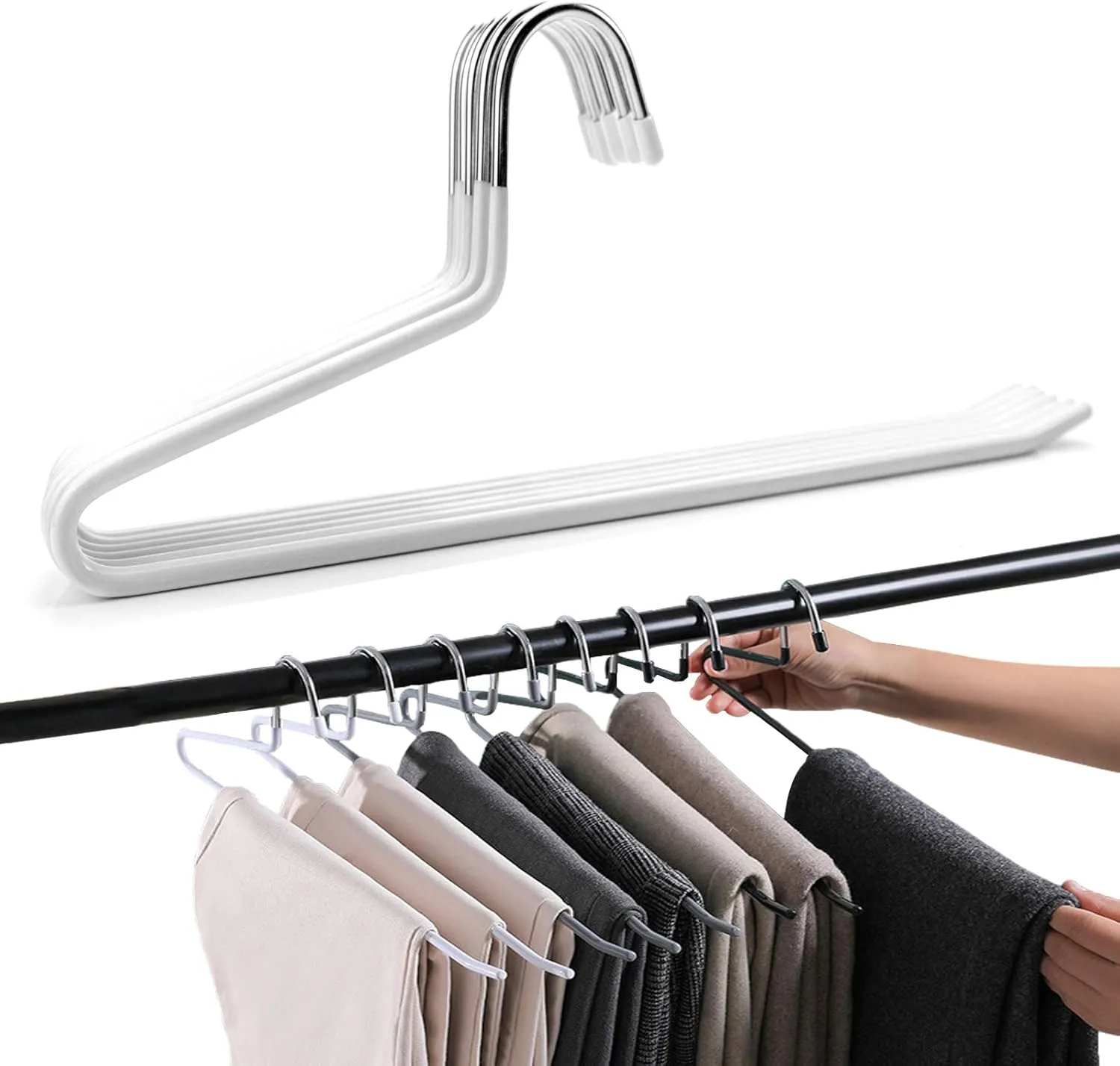 Pants Slack Trousers Hangers, Space Saving Slim Strong and Durable Anti-Rust Chrome Metal Hangers, Open Ended Design for Easy-Slide Pant, Jeans, Skirt, Slacks Etc (White, Pack of 20)