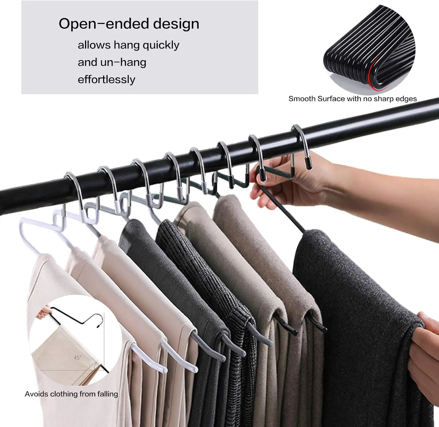 Pants Slack Trousers Hangers, Space Saving Slim Strong and Durable Anti-Rust Chrome Metal Hangers, Open Ended Design for Easy-Slide Pant, Jeans, Skirt, Slacks Etc (White, Pack of 20)