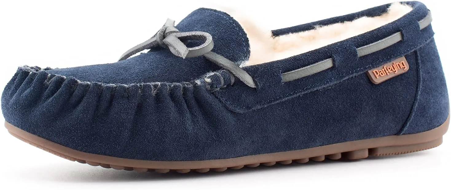 Parfeying Women's Sheepskin Moccasins Cow Suede Memory Foam Slippers Indoor Outdoor Shearling Winter Shoes