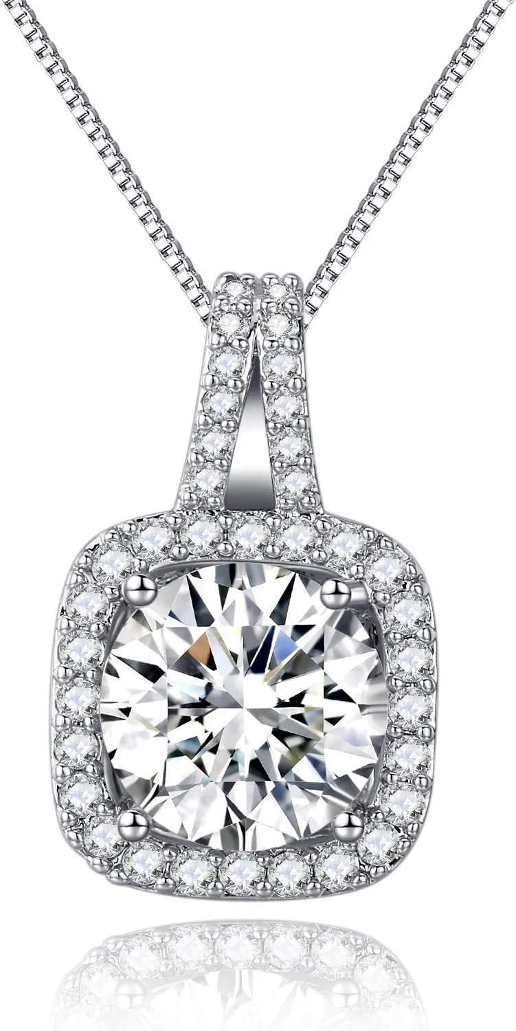 Platinum Plated Cubic Zirconia/Austrian Crystal Cushion Shape Halo Pendant Necklace/Earrings