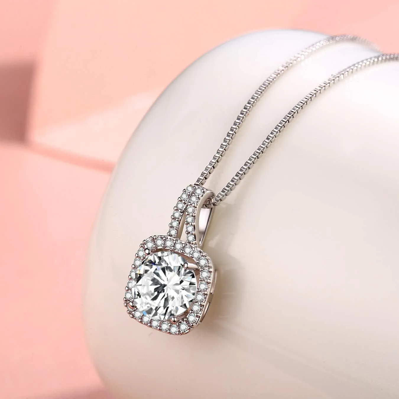 Platinum Plated Cubic Zirconia/Austrian Crystal Cushion Shape Halo Pendant Necklace/Earrings