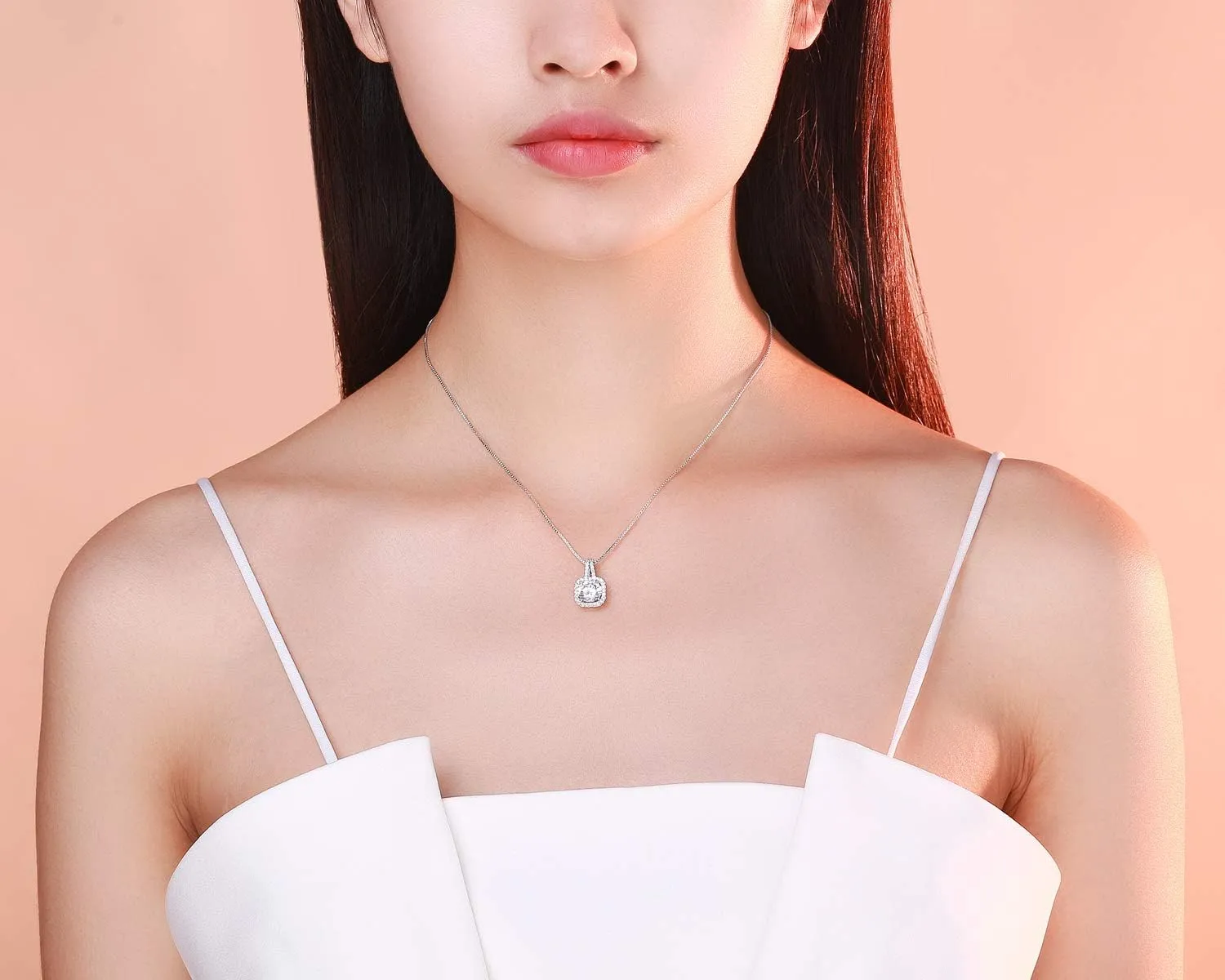 Platinum Plated Cubic Zirconia/Austrian Crystal Cushion Shape Halo Pendant Necklace/Earrings