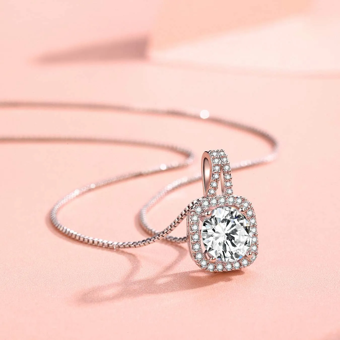 Platinum Plated Cubic Zirconia/Austrian Crystal Cushion Shape Halo Pendant Necklace/Earrings