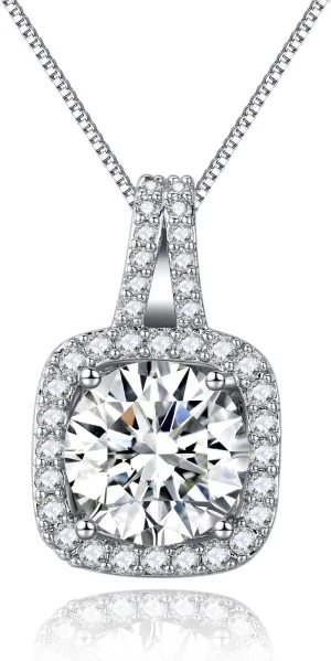 Platinum Plated Cubic Zirconia/Austrian Crystal Cushion Shape Halo Pendant Necklace/Earrings