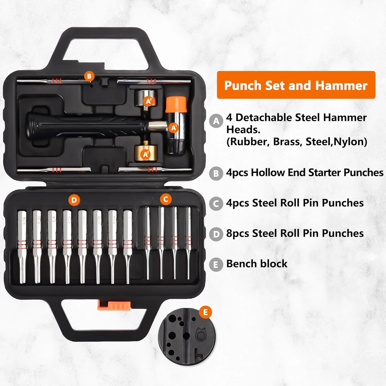 Pridefend Punch Set, Roll Pin Punch Set Made of Solid Metal Material,Elite Tool Including Steel Pin Punch Set, Roll Pin Starter Punch and Hammer,with Organizer Storage Box (with Bench Block)