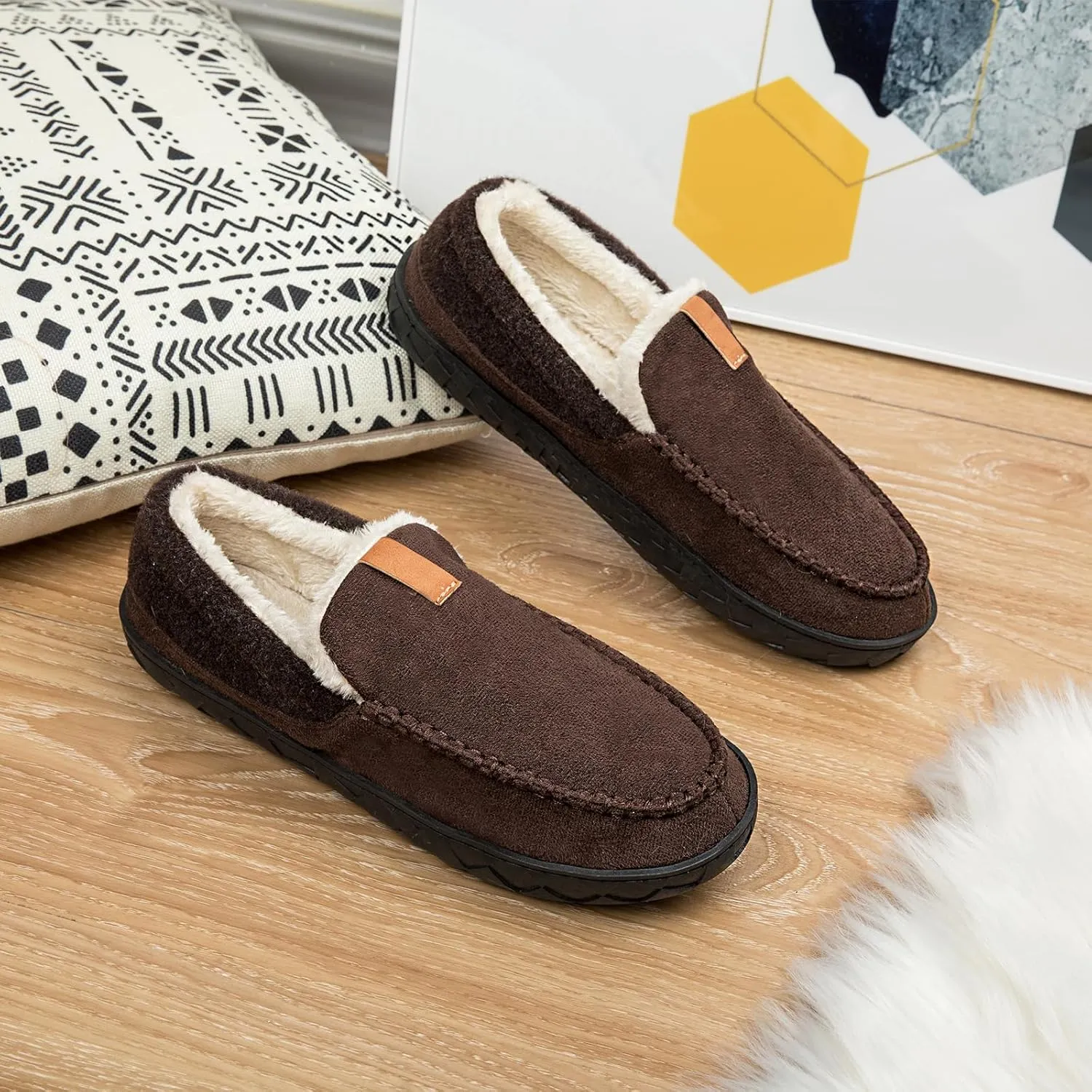 Ranberone Mens Moccasin Slippers Suede Memory Foam House Slippers with Soft Fleece Lining Anti-Skid Sole Indoor Outdoor House Shoes