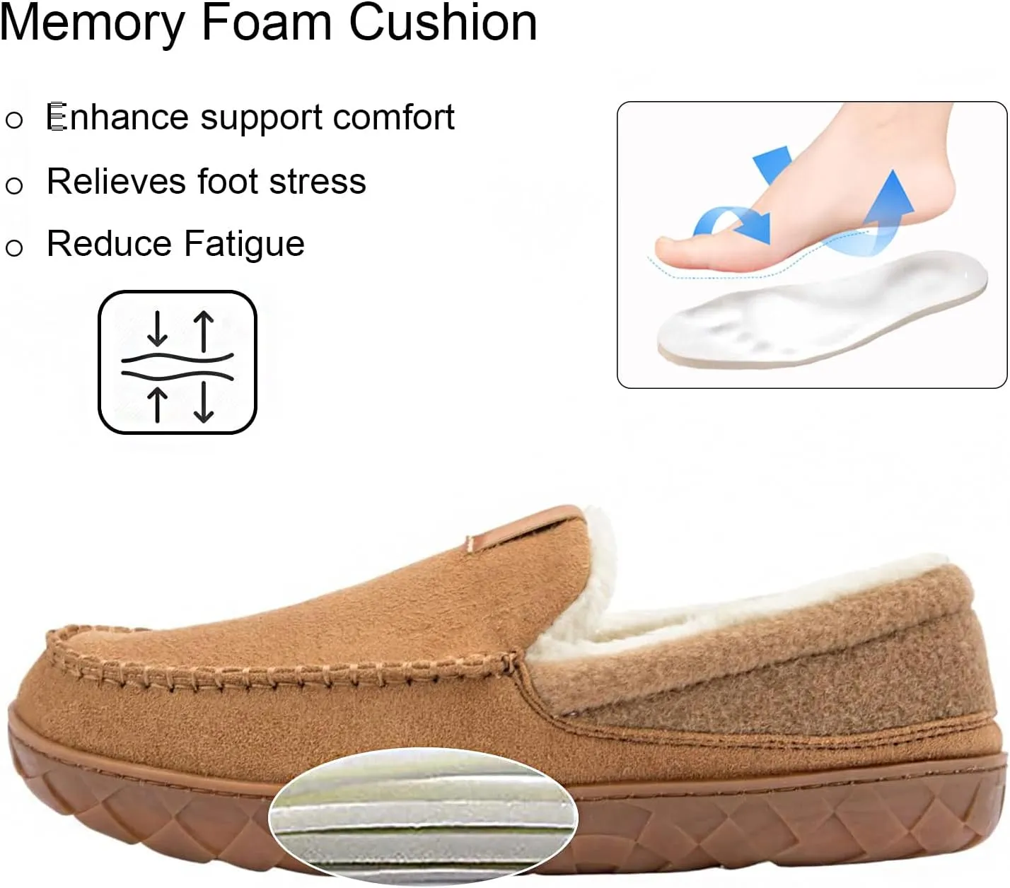 Ranberone Mens Moccasin Slippers Suede Memory Foam House Slippers with Soft Fleece Lining Anti-Skid Sole Indoor Outdoor House Shoes