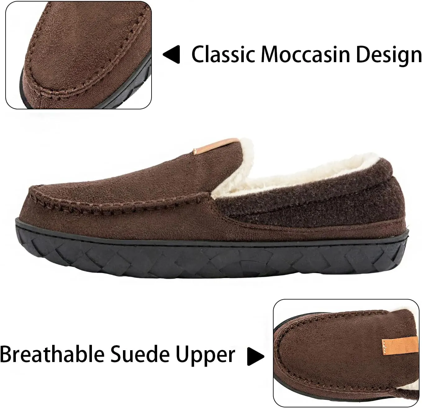 Ranberone Mens Moccasin Slippers Suede Memory Foam House Slippers with Soft Fleece Lining Anti-Skid Sole Indoor Outdoor House Shoes