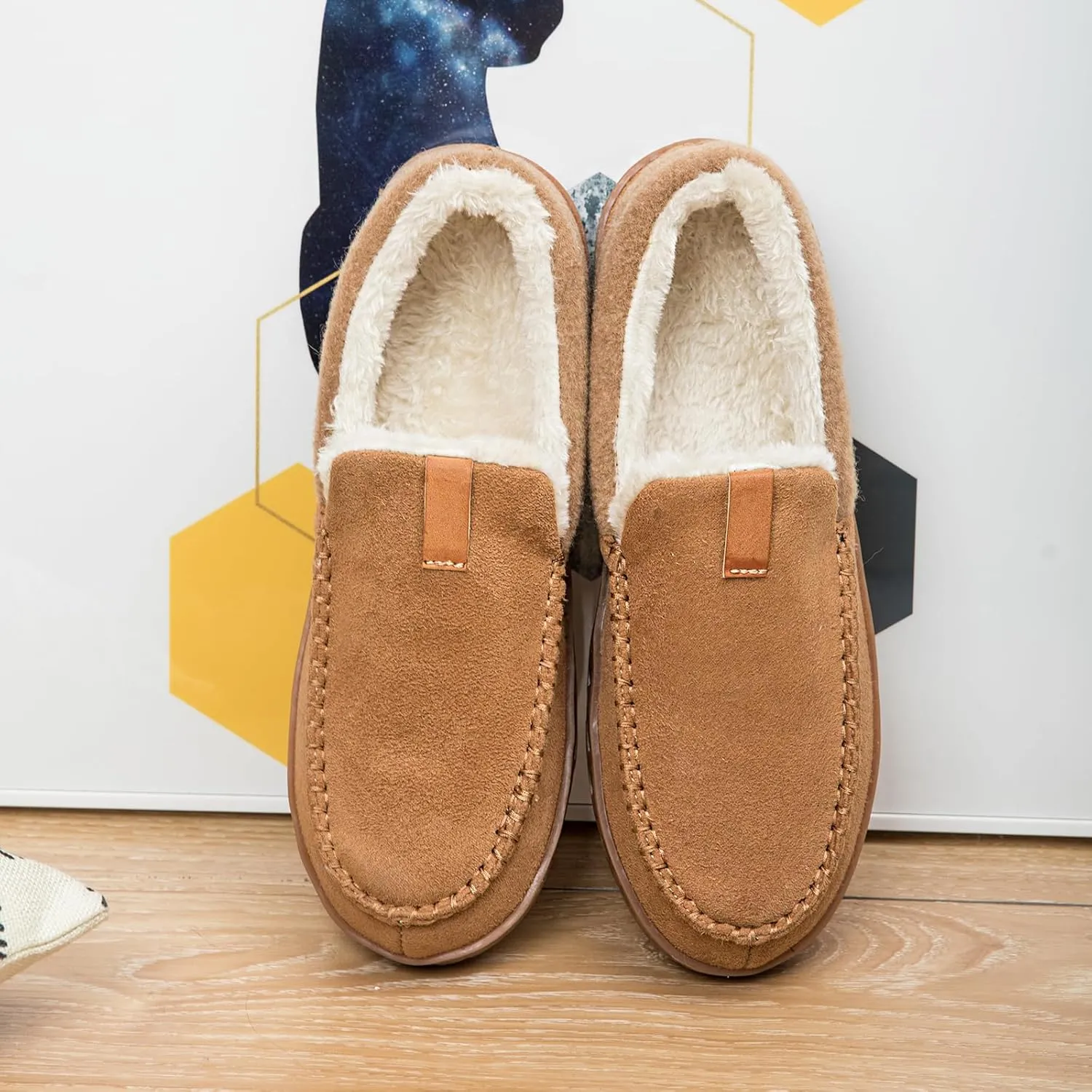 Ranberone Mens Moccasin Slippers Suede Memory Foam House Slippers with Soft Fleece Lining Anti-Skid Sole Indoor Outdoor House Shoes
