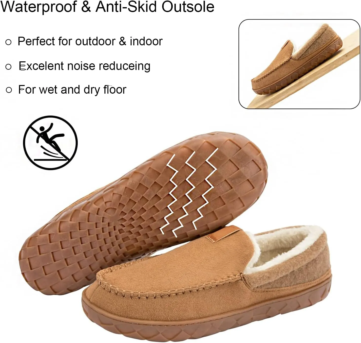 Ranberone Mens Moccasin Slippers Suede Memory Foam House Slippers with Soft Fleece Lining Anti-Skid Sole Indoor Outdoor House Shoes