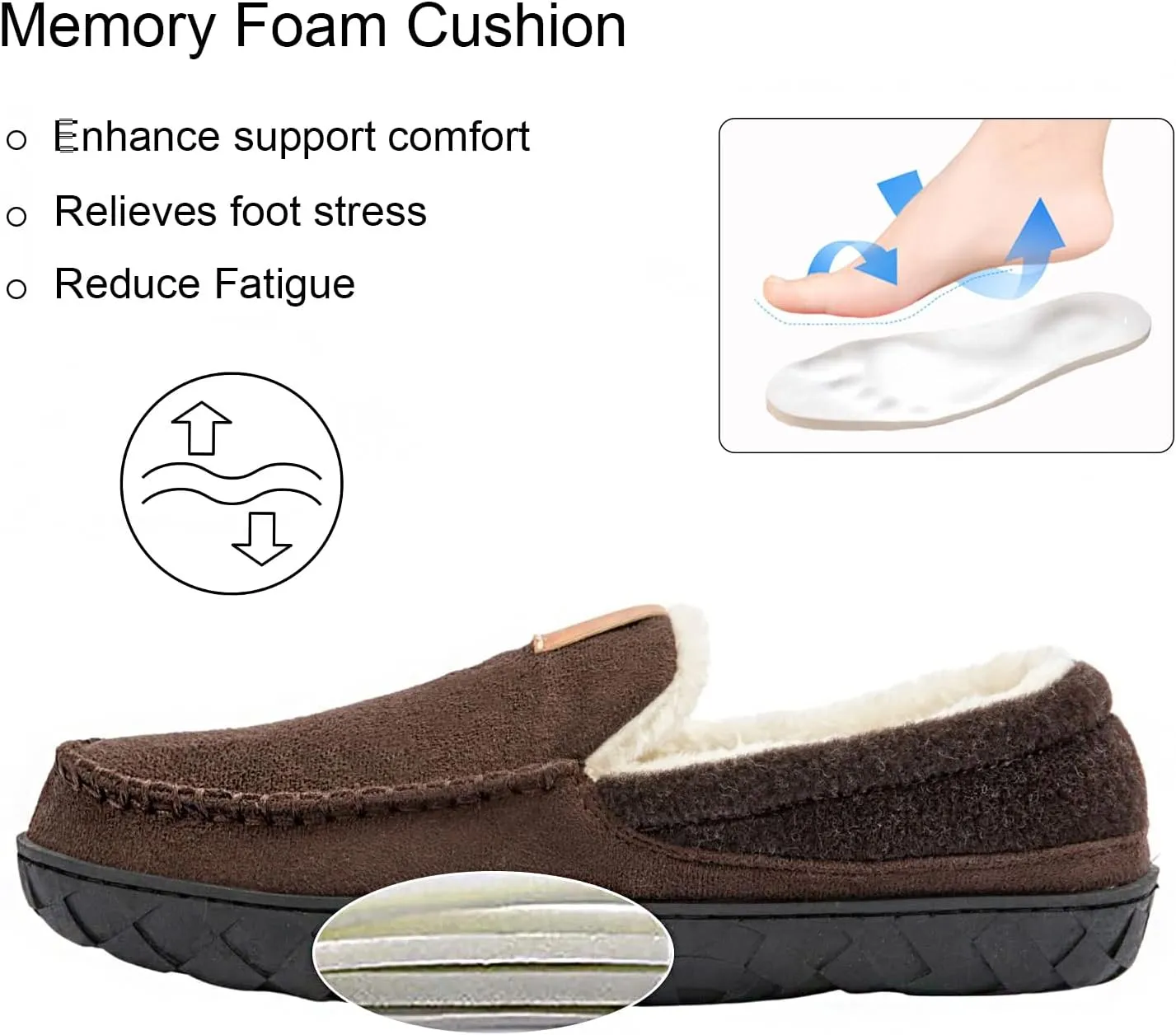 Ranberone Mens Moccasin Slippers Suede Memory Foam House Slippers with Soft Fleece Lining Anti-Skid Sole Indoor Outdoor House Shoes