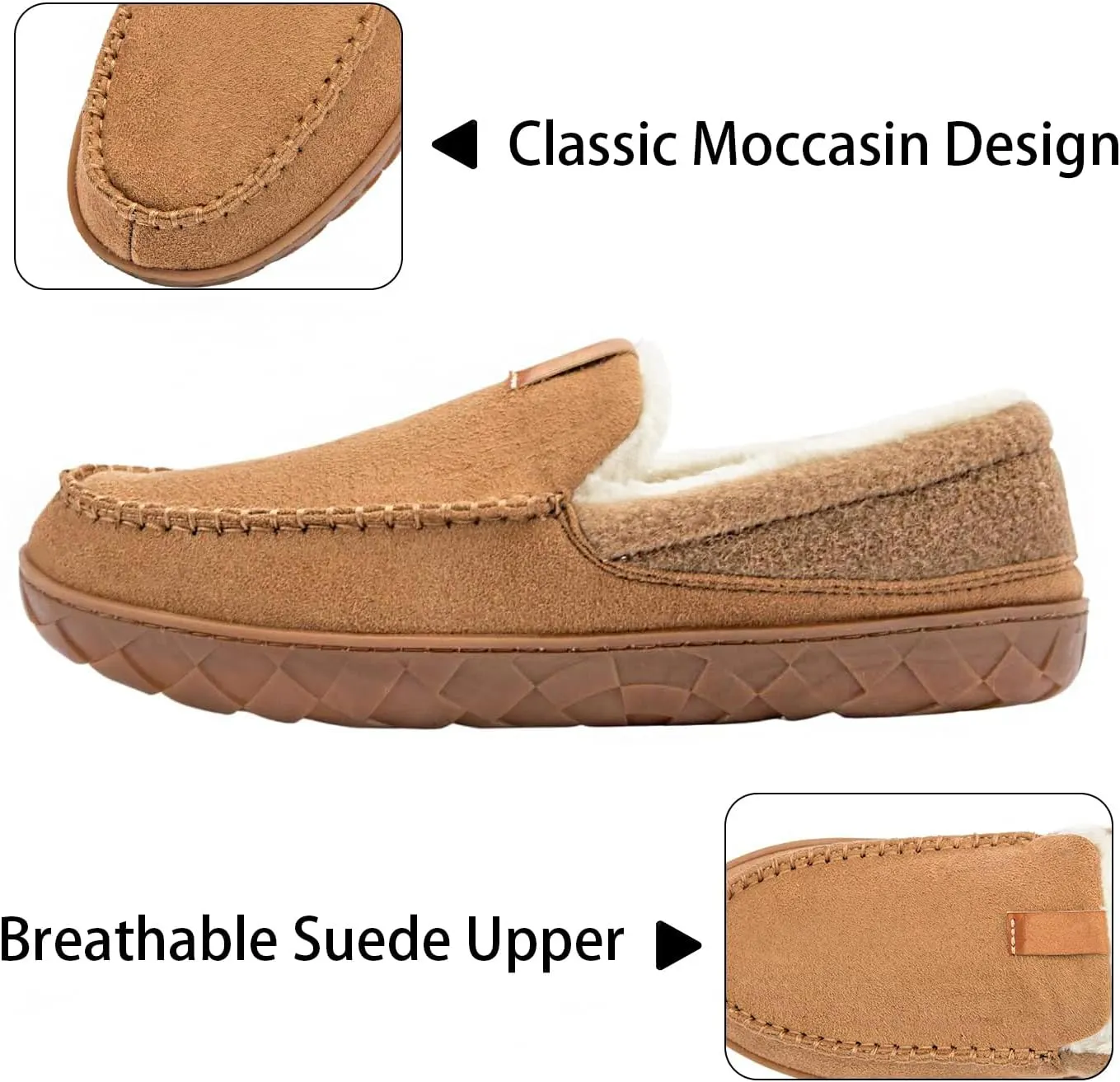 Ranberone Mens Moccasin Slippers Suede Memory Foam House Slippers with Soft Fleece Lining Anti-Skid Sole Indoor Outdoor House Shoes