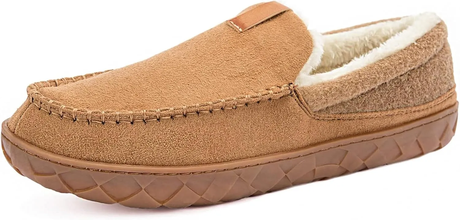Ranberone Mens Moccasin Slippers Suede Memory Foam House Slippers with Soft Fleece Lining Anti-Skid Sole Indoor Outdoor House Shoes