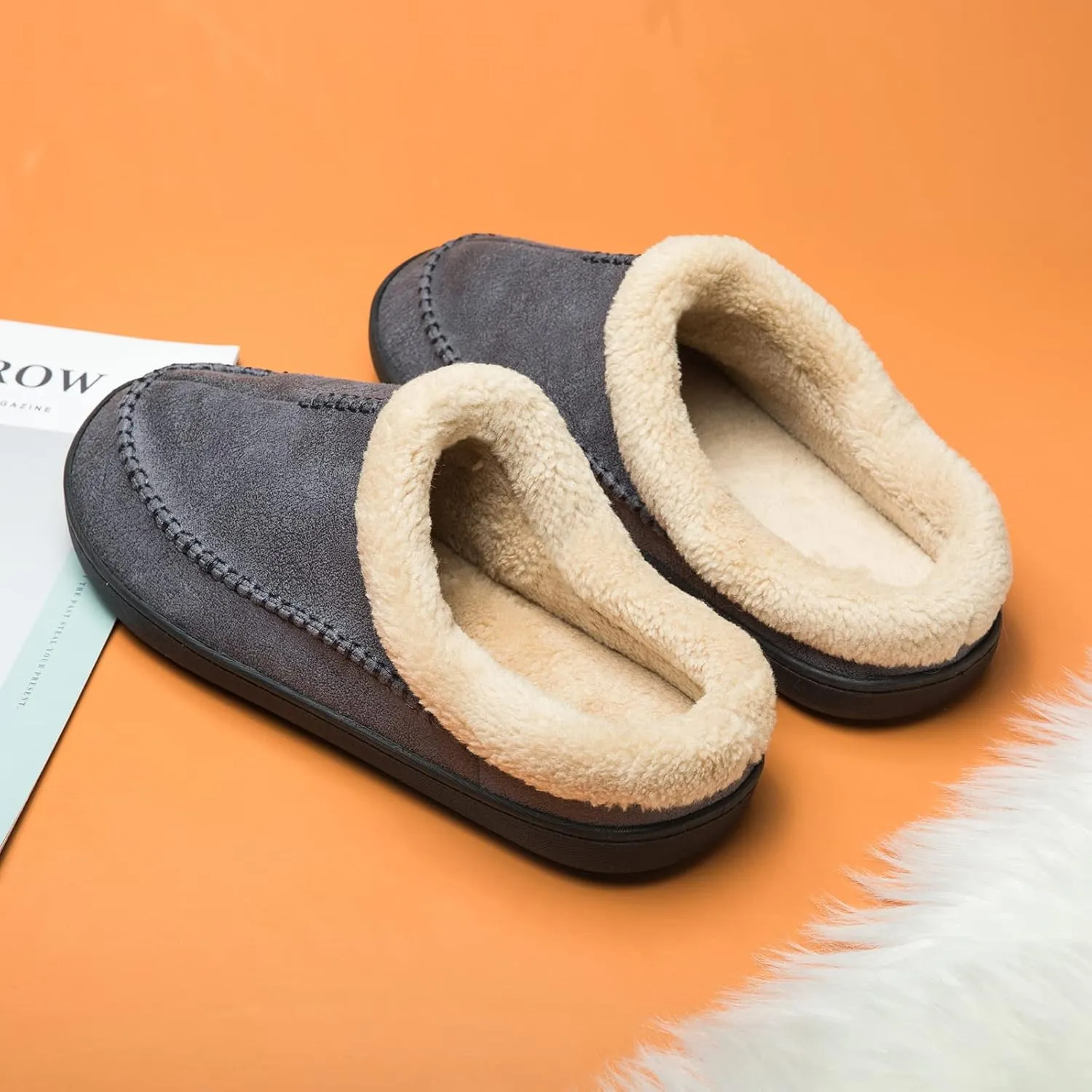 Ranberone Men's Slippers Microsuede Upper Moccasin House Shoes with Fuzzy Plush Lining Indoor and Outdoor