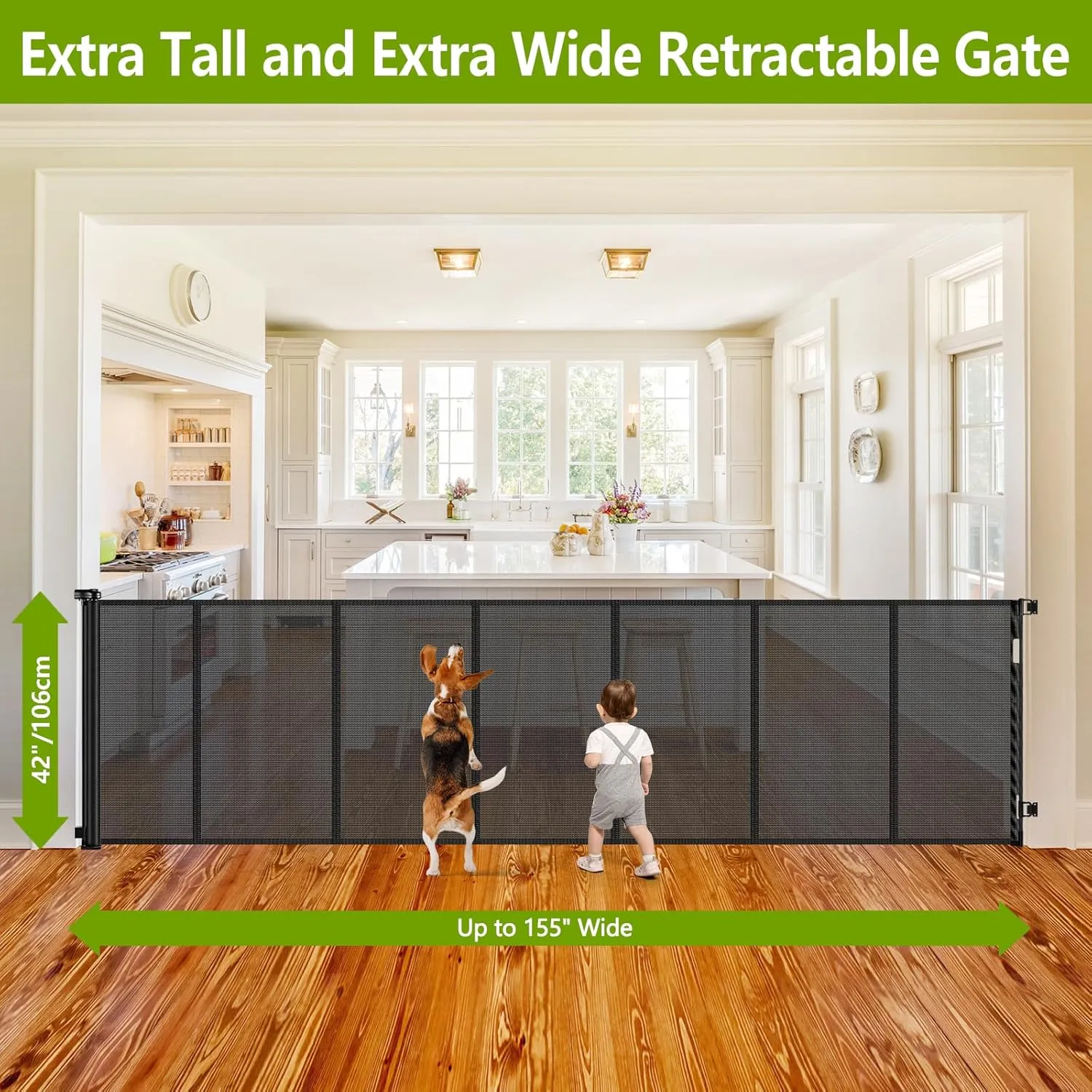 Reinforced 42" Tall Retractable Dog Gate, 155" Extra Long Retractable Baby Gate with Support Rods - Prevent Crawling Under, Indoor/Outdoor Retractable Gate Extra Tall Baby Gate Retractable Fence/Black