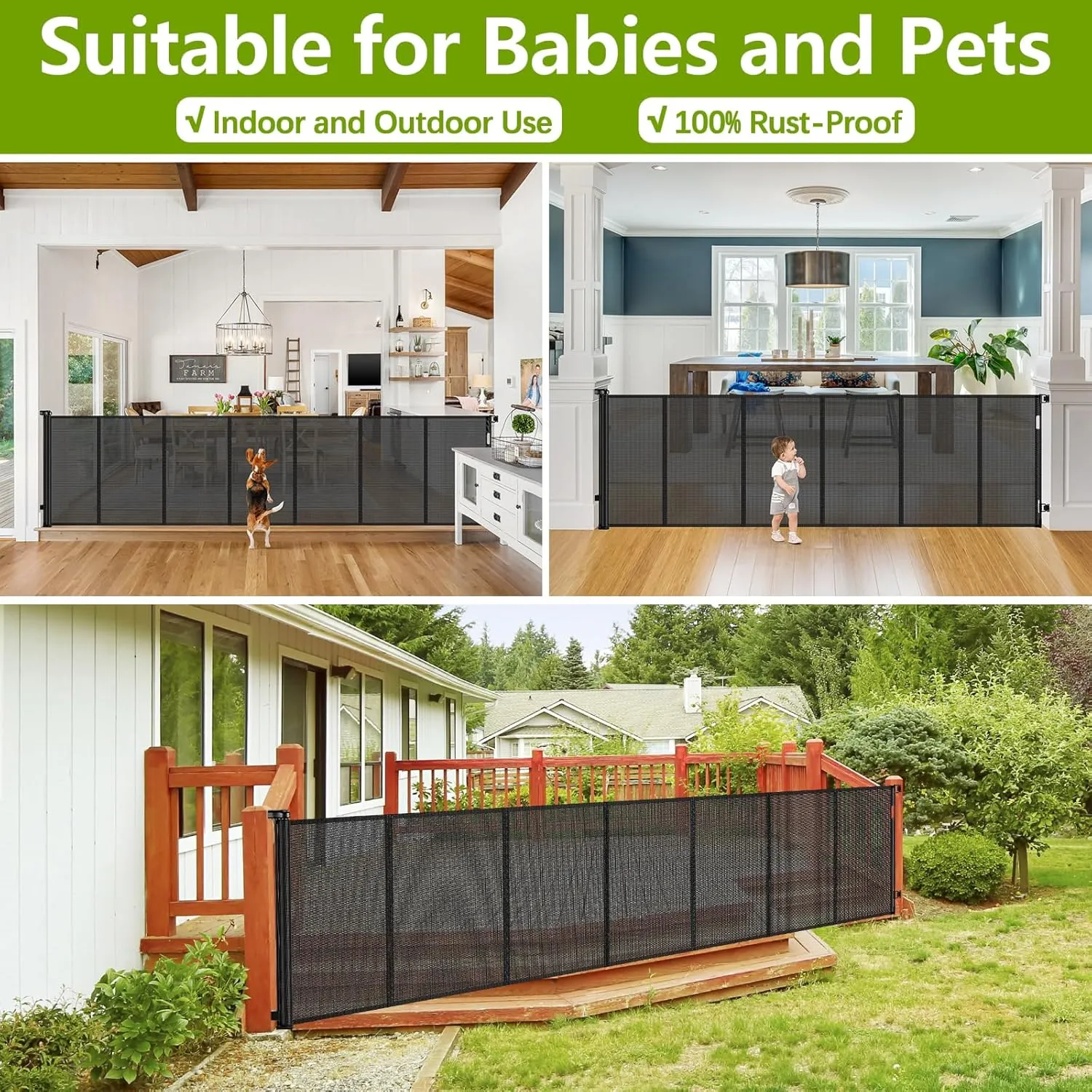 Reinforced 42" Tall Retractable Dog Gate, 155" Extra Long Retractable Baby Gate with Support Rods - Prevent Crawling Under, Indoor/Outdoor Retractable Gate Extra Tall Baby Gate Retractable Fence/Black