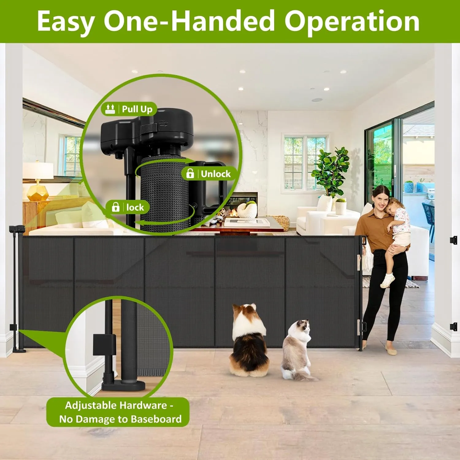 Reinforced 42" Tall Retractable Dog Gate, 155" Extra Long Retractable Baby Gate with Support Rods - Prevent Crawling Under, Indoor/Outdoor Retractable Gate Extra Tall Baby Gate Retractable Fence/Black