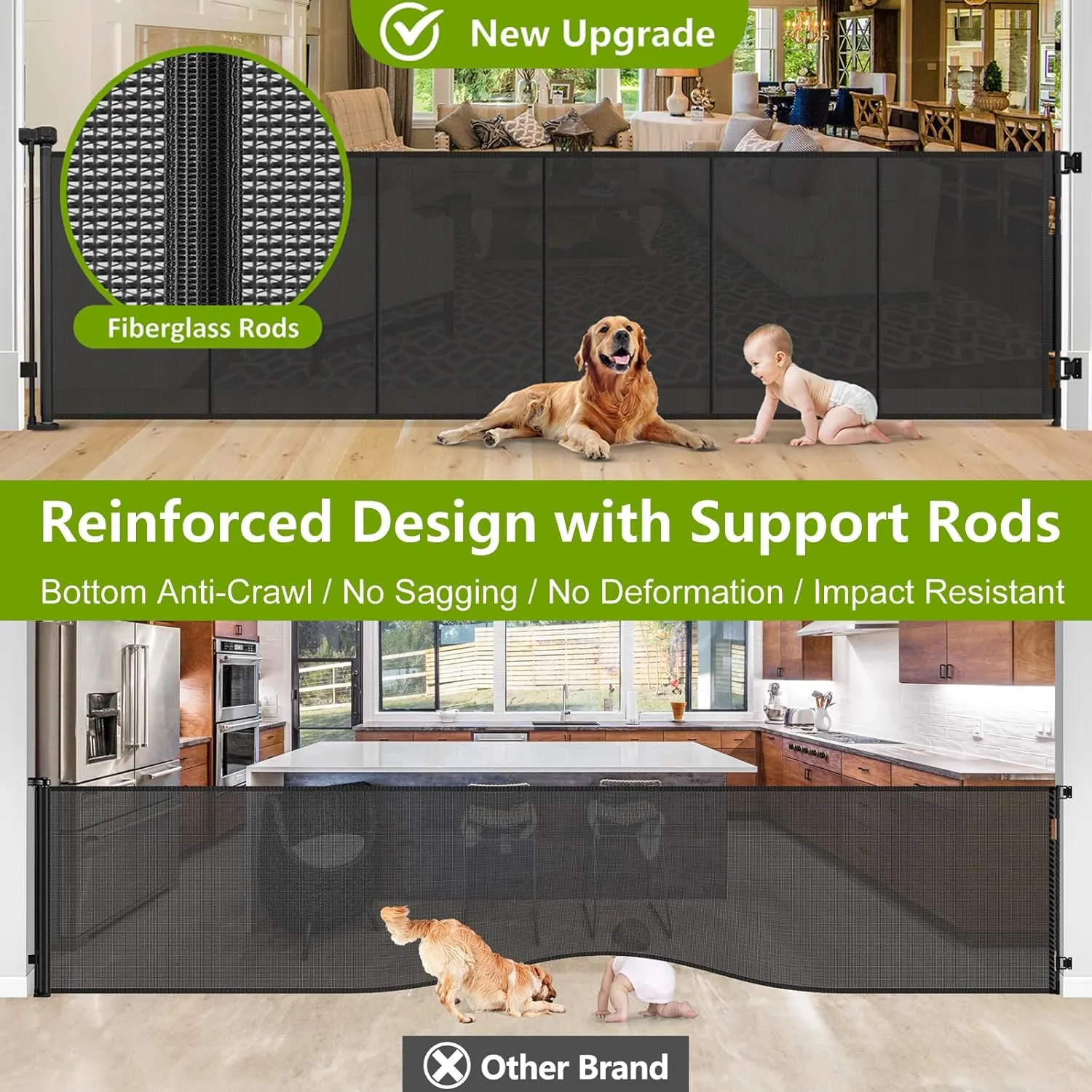 Reinforced 42" Tall Retractable Dog Gate, 155" Extra Long Retractable Baby Gate with Support Rods - Prevent Crawling Under, Indoor/Outdoor Retractable Gate Extra Tall Baby Gate Retractable Fence/Black