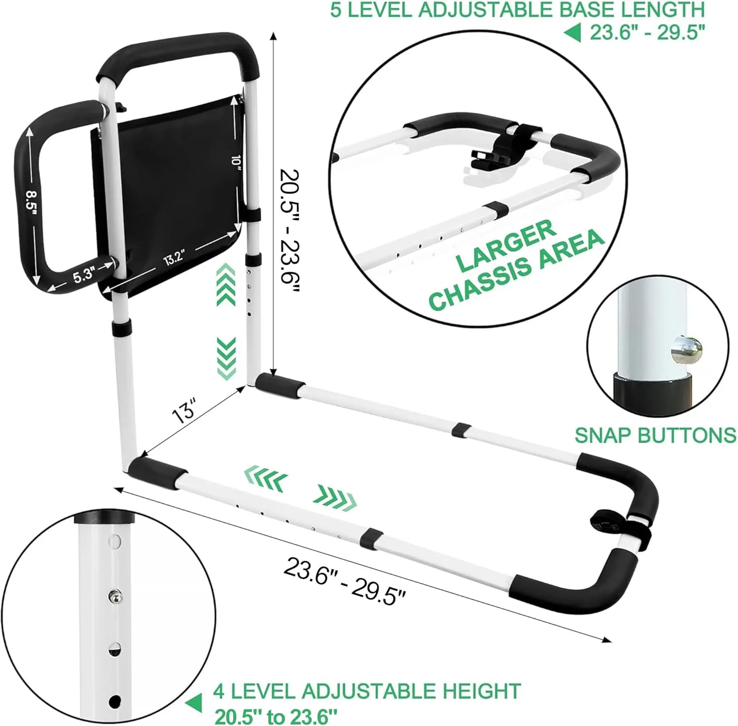 RELIANCER Bed Safety Rail for Elderly Adult w/Side Support Bar&Storage Bag,Dual Handle Assist Grab Bar for Seniors,Adjustable Bedside Support Railing,Bed Side Assist Guard Rail,Bedside Hand Guard Bar