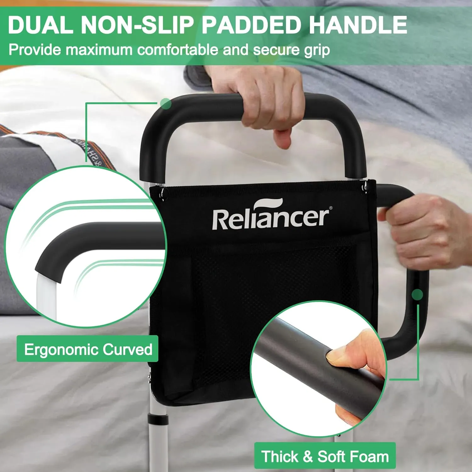 RELIANCER Bed Safety Rail for Elderly Adult w/Side Support Bar&Storage Bag,Dual Handle Assist Grab Bar for Seniors,Adjustable Bedside Support Railing,Bed Side Assist Guard Rail,Bedside Hand Guard Bar