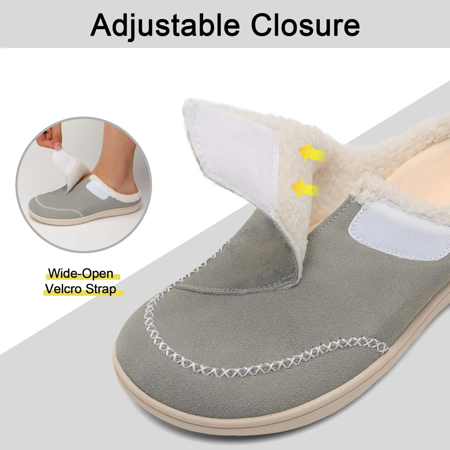 relxfeet Mens Slippers Adjustable Diabetic Shoes Wide Toe Box House Slippers Indoor Outdoor Slip On Warm Clogs for Swollen Feet