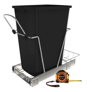 Rev-A-Shelf Pull Out Trash Can Under Cabinet, 35 Qt 12 Gal Garbage Pull Out for Kitchen Cabinet with Full Extension Slides, Silver, RV-12KD-18C S, Wholesalehome Tape Measure Included