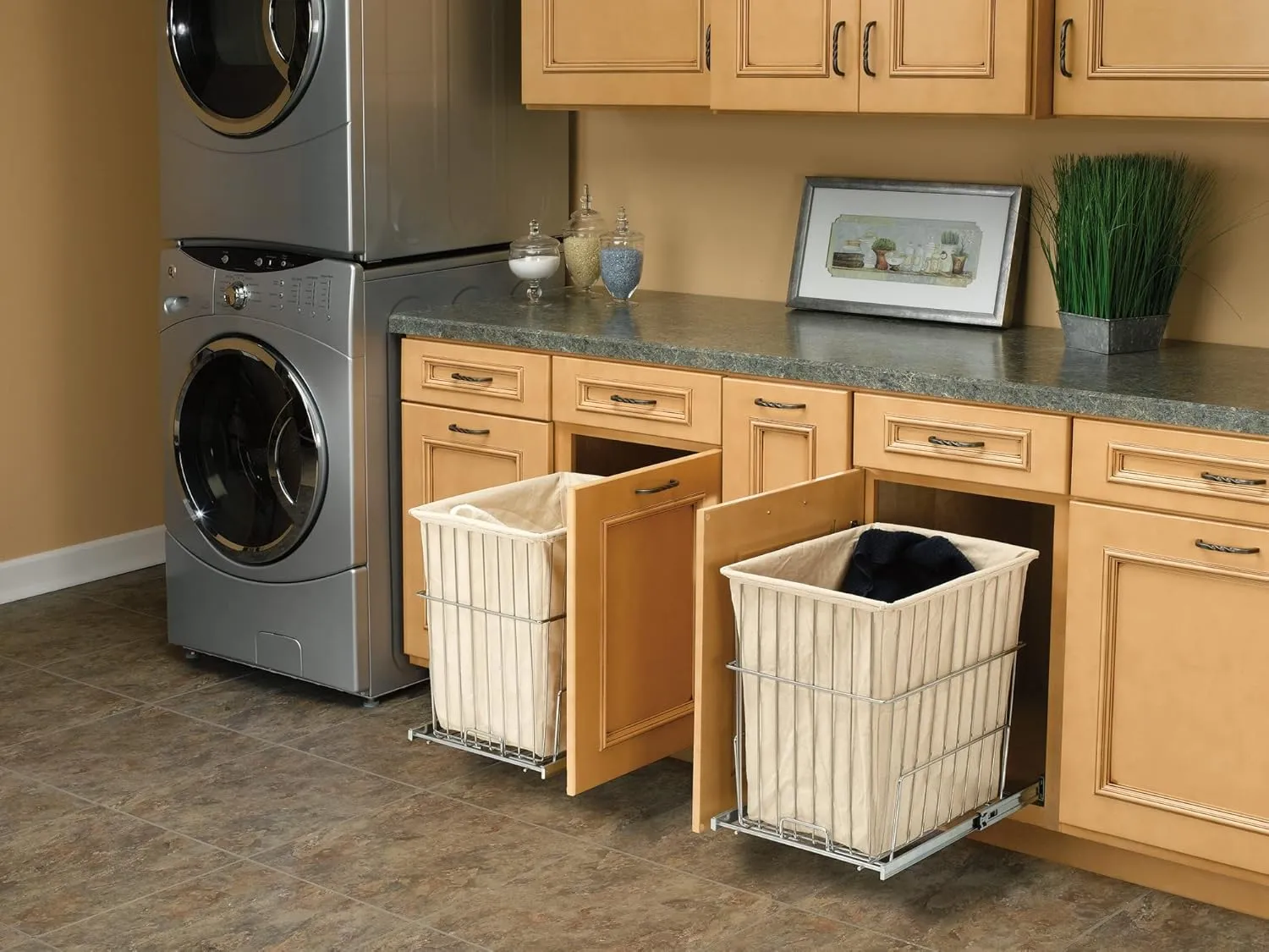 Rev-A-Shelf Pullout 20 Inch Deep Cabinet Floor Steel Mounted Clothes Laundry Hamper with Full Extension Slides, Chrome, HRV-1520 S CR