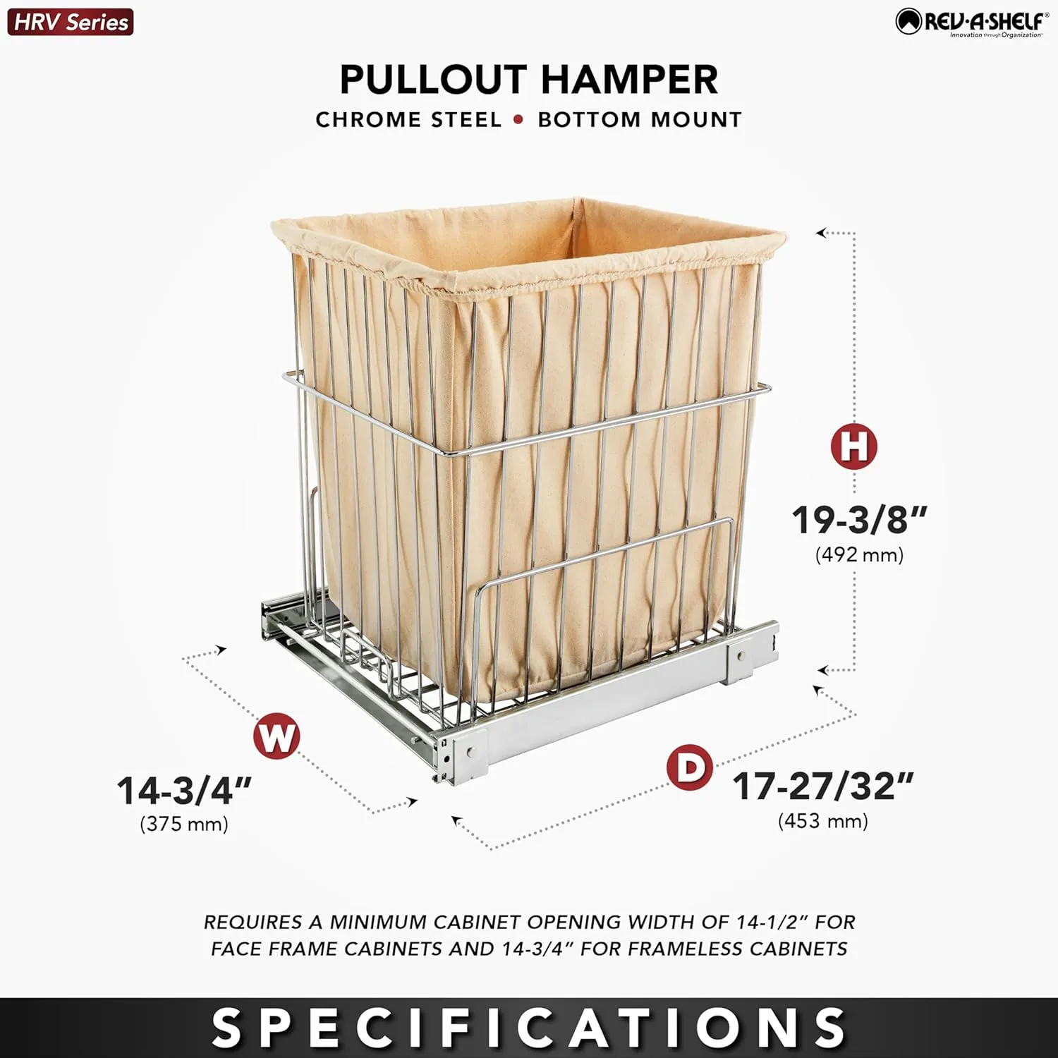 Rev-A-Shelf Pullout 20 Inch Deep Cabinet Floor Steel Mounted Clothes Laundry Hamper with Full Extension Slides, Chrome, HRV-1520 S CR