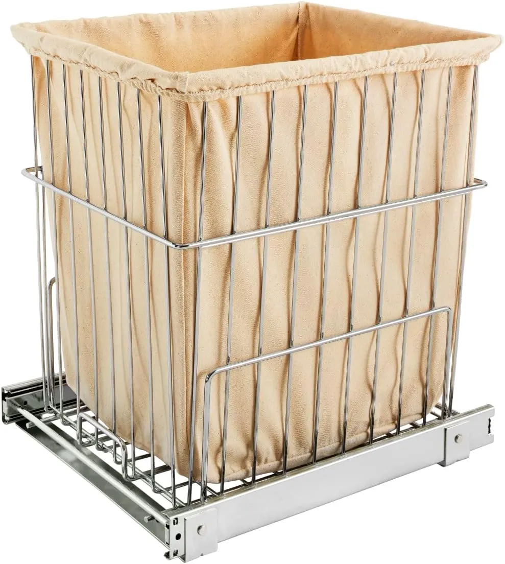Rev-A-Shelf Pullout 20 Inch Deep Cabinet Floor Steel Mounted Clothes Laundry Hamper with Full Extension Slides, Chrome, HRV-1520 S CR