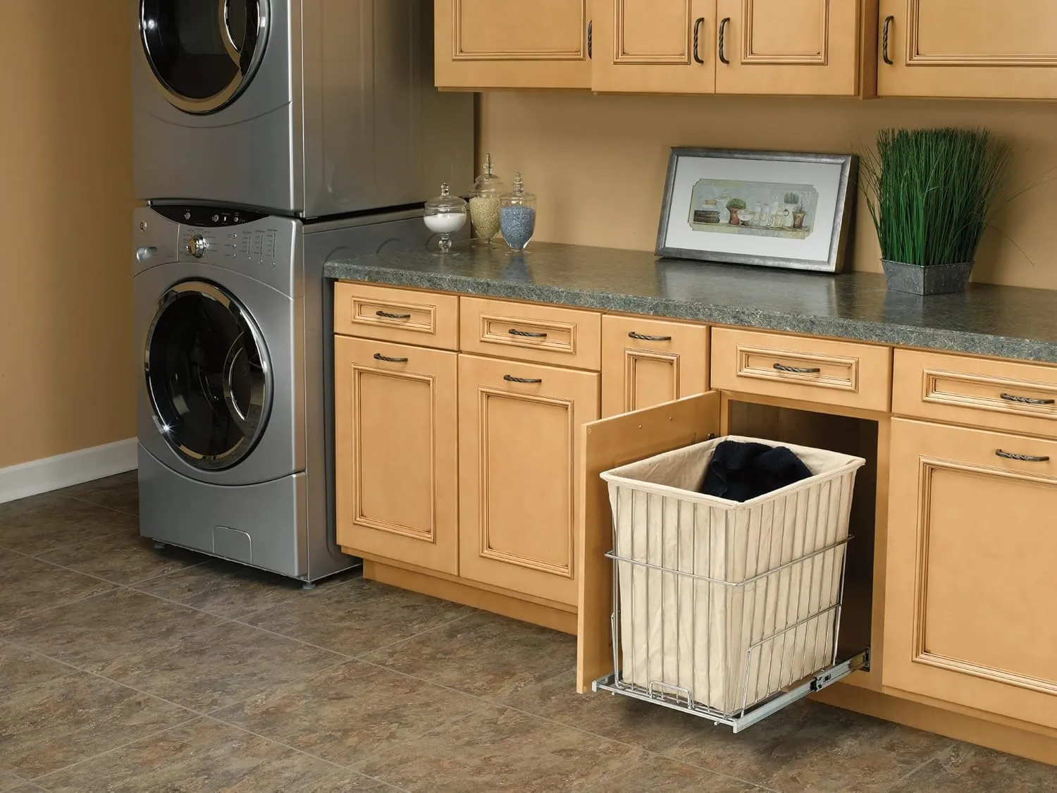 Rev-A-Shelf Pullout 20 Inch Deep Cabinet Floor Steel Mounted Clothes Laundry Hamper with Full Extension Slides, Chrome, HRV-1520 S CR