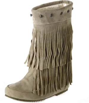 Roimaash Classic Double Fringe Moccasin Boots Mid Calf Women Flat