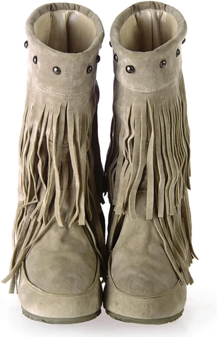 Roimaash Classic Double Fringe Moccasin Boots Mid Calf Women Flat