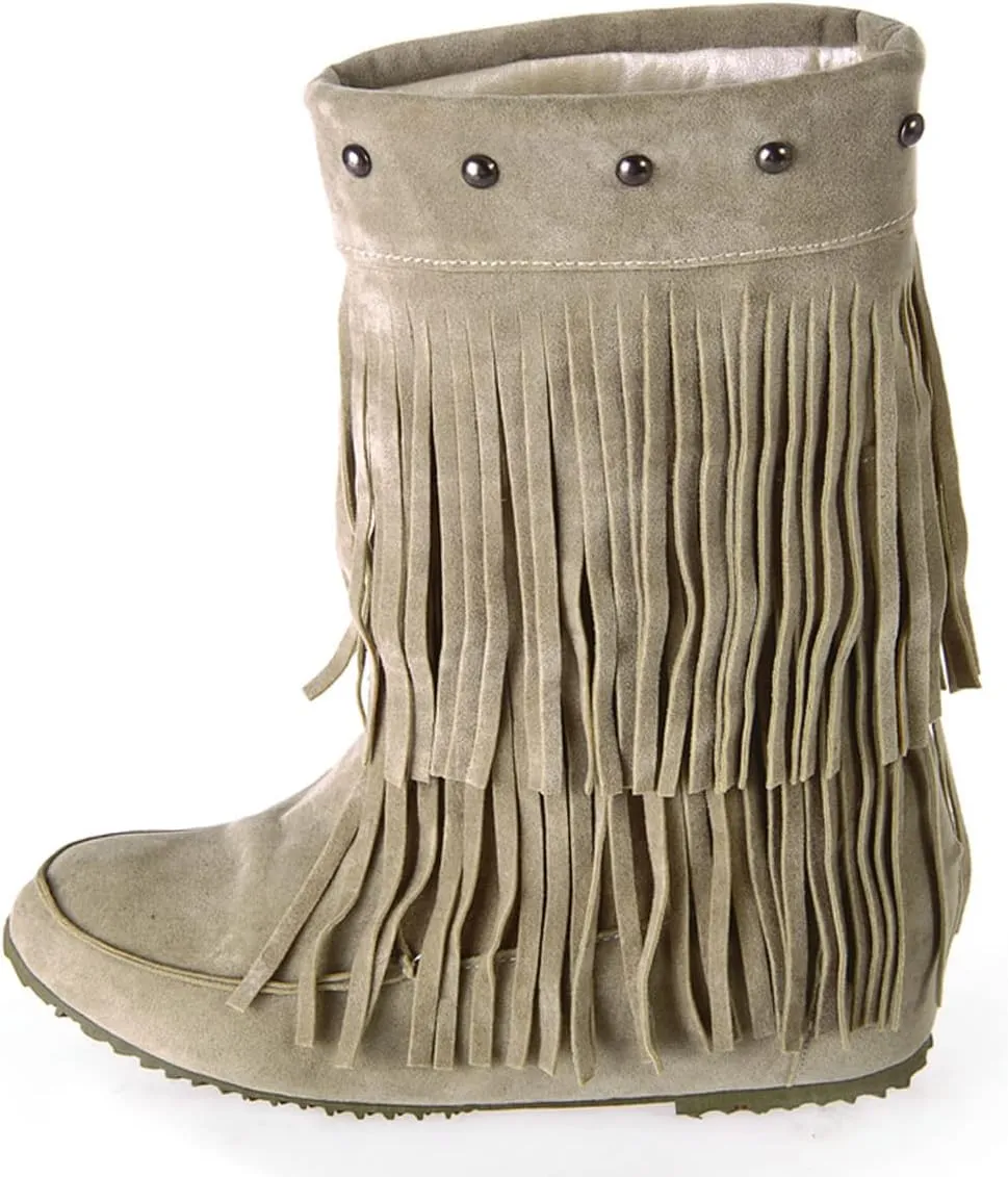 Roimaash Classic Double Fringe Moccasin Boots Mid Calf Women Flat