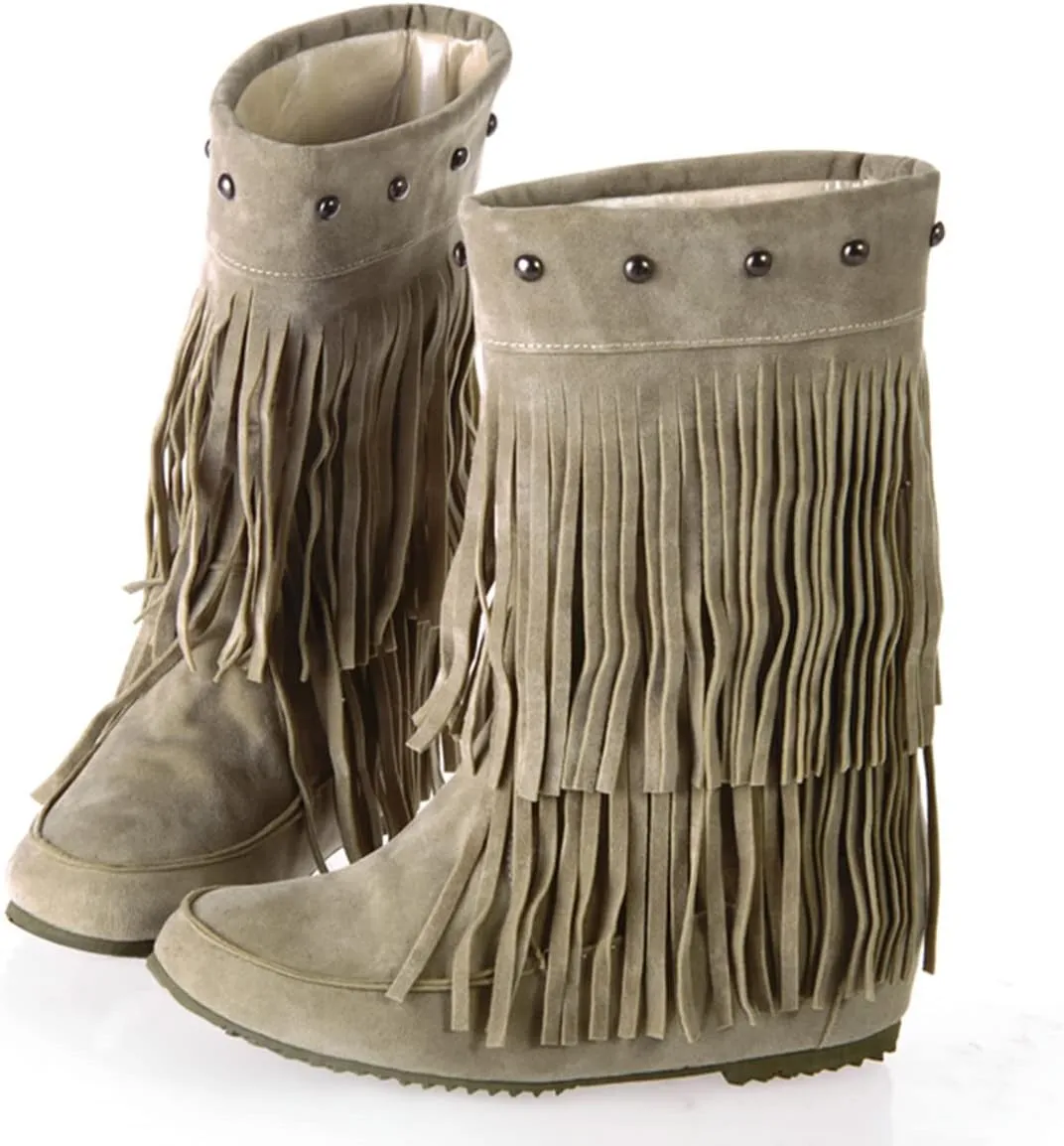 Roimaash Classic Double Fringe Moccasin Boots Mid Calf Women Flat
