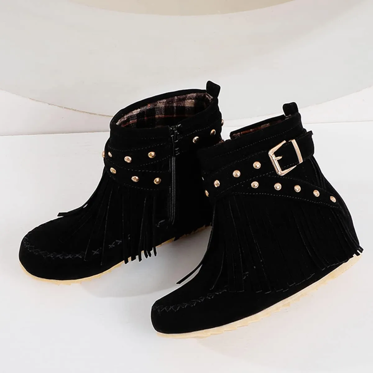 Roimaash Classic Fringe Moccasin Boots Ankle High Women Low Heel Booties