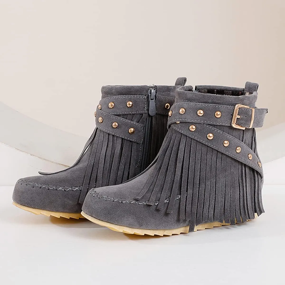 Roimaash Classic Fringe Moccasin Boots Ankle High Women Low Heel Booties