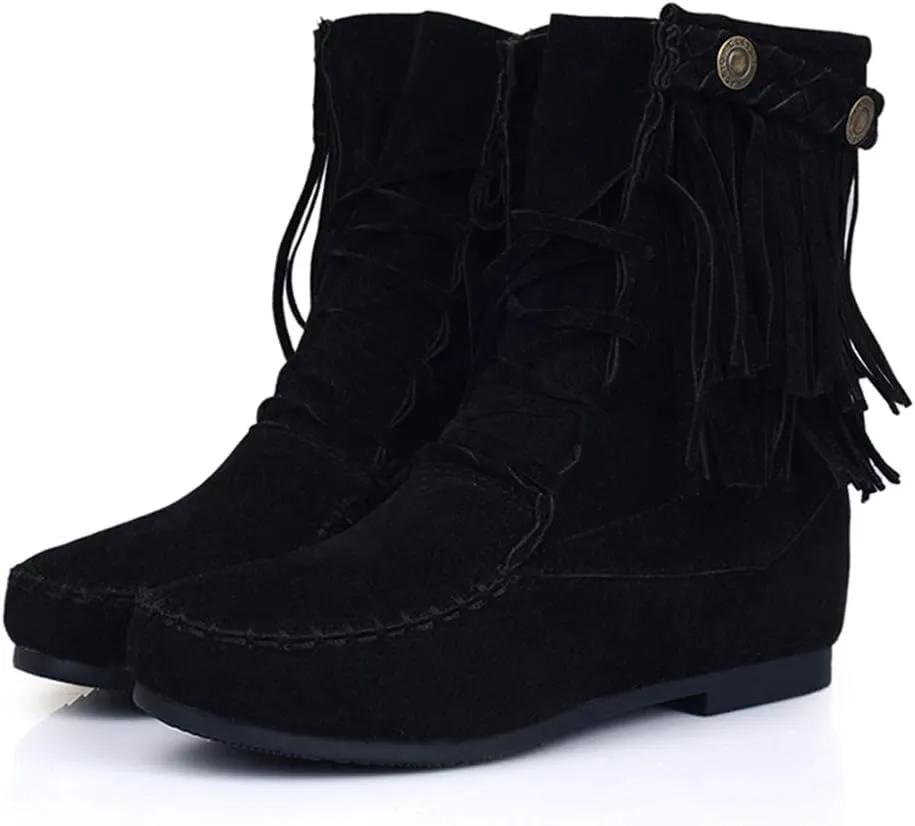 Roimaash Classic Fringe Moccasin Boots Ankle High Women Low Heel Booties