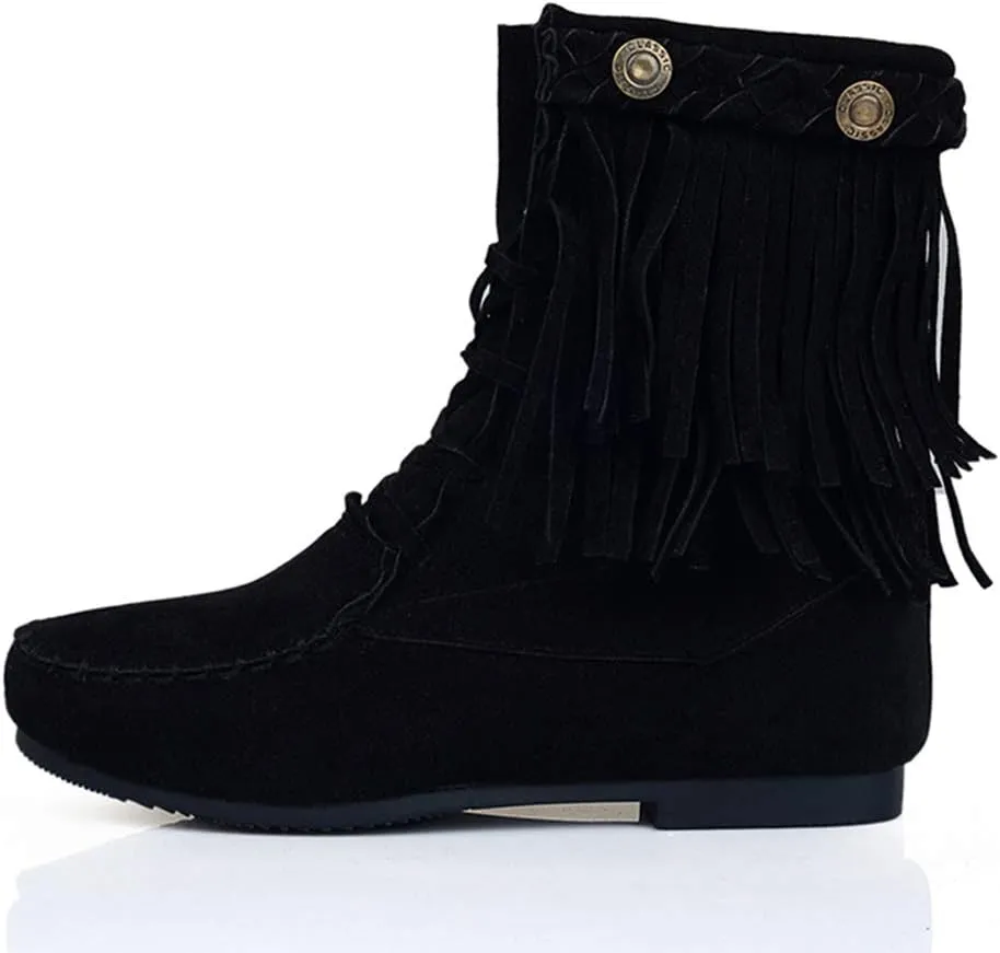 Roimaash Classic Fringe Moccasin Boots Ankle High Women Low Heel Booties