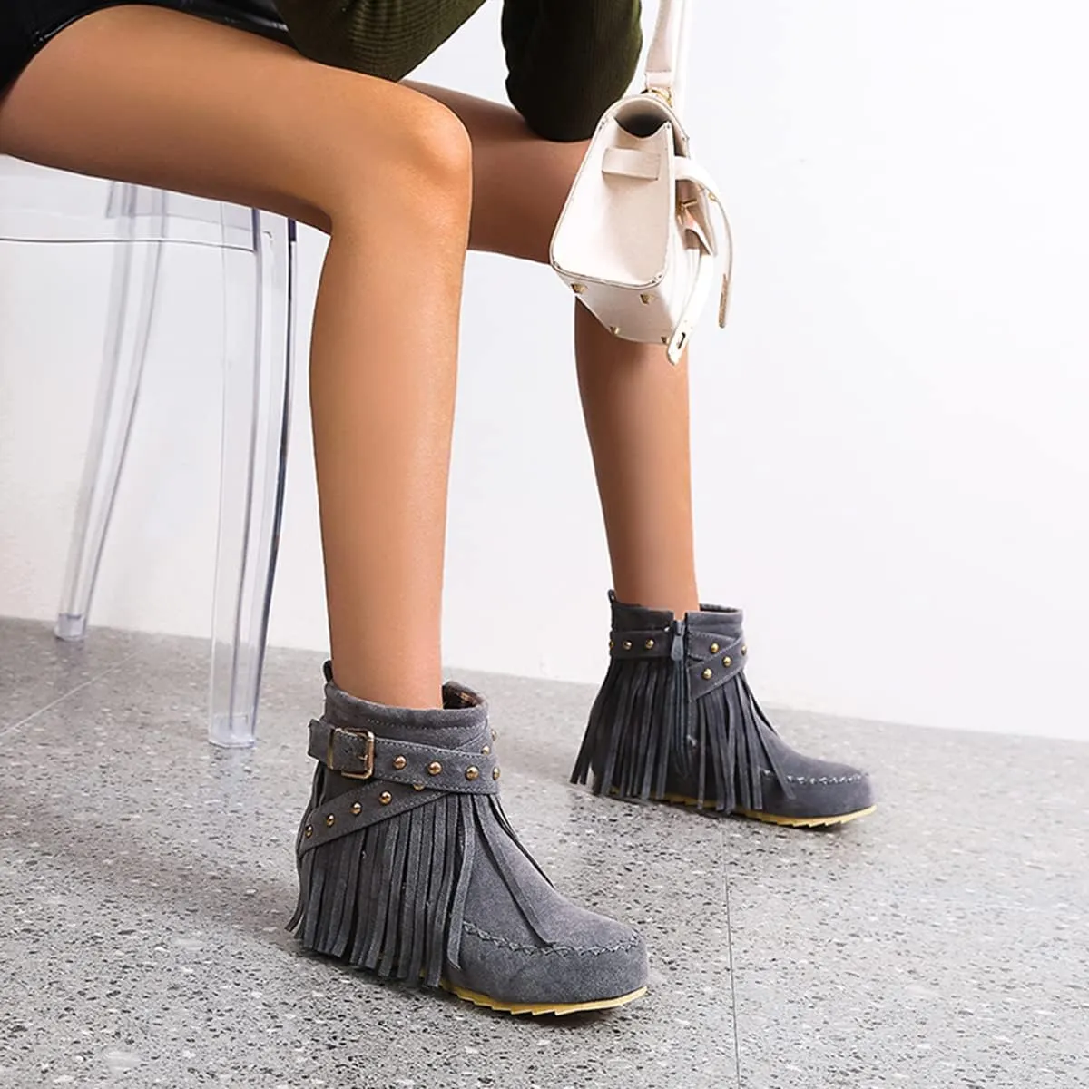 Roimaash Classic Fringe Moccasin Boots Ankle High Women Low Heel Booties