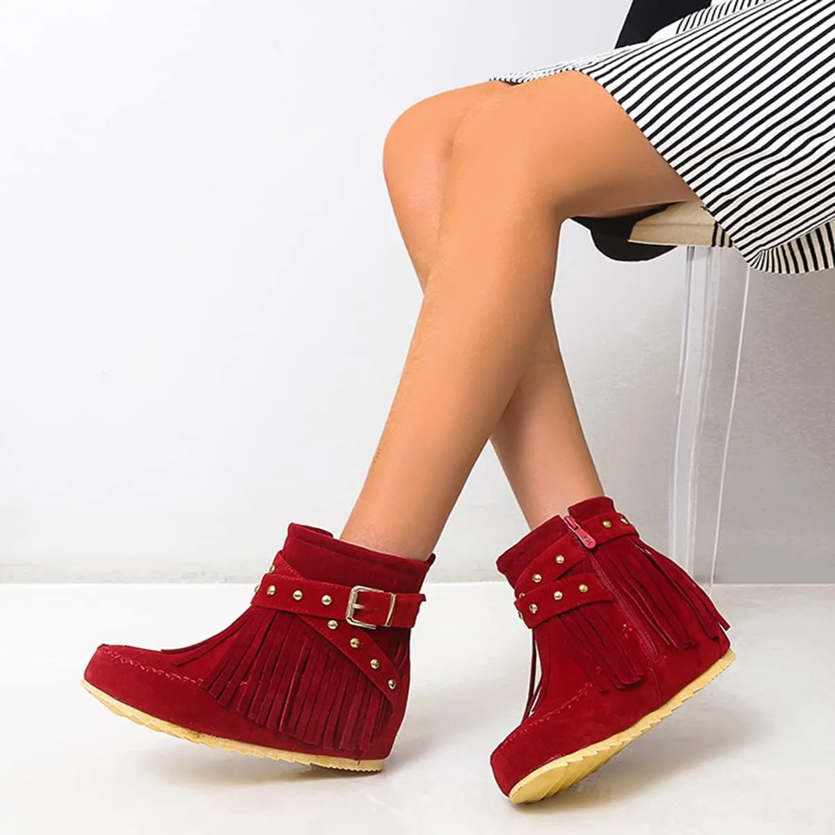 Roimaash Classic Fringe Moccasin Boots Ankle High Women Low Heel Booties