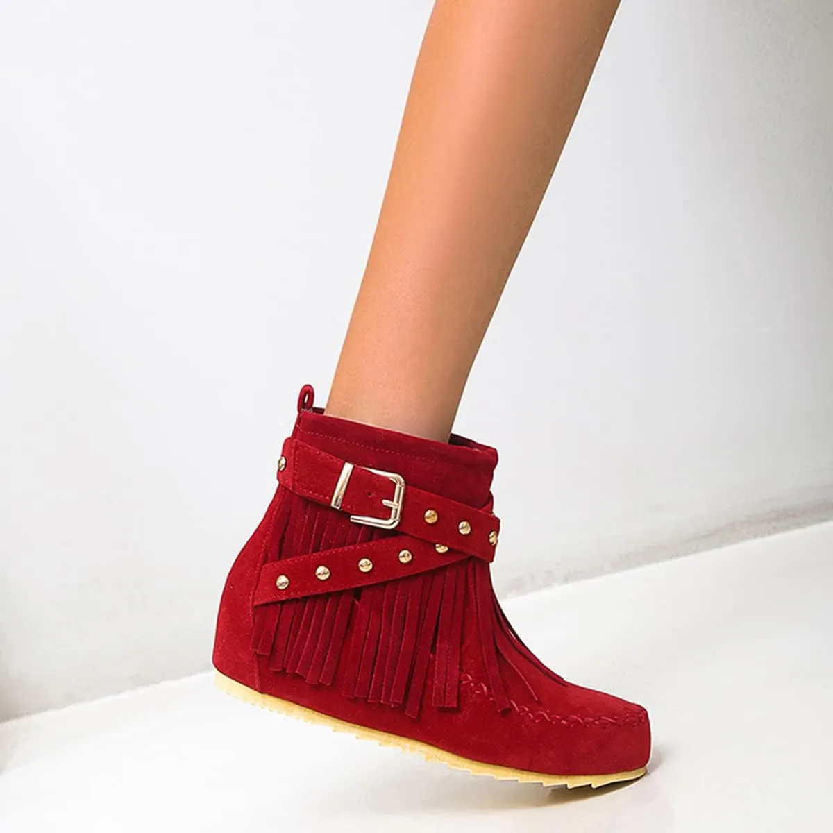 Roimaash Classic Fringe Moccasin Boots Ankle High Women Low Heel Booties