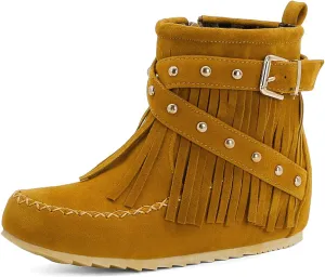 Roimaash Classic Fringe Moccasin Boots Ankle High Women Low Heel Booties
