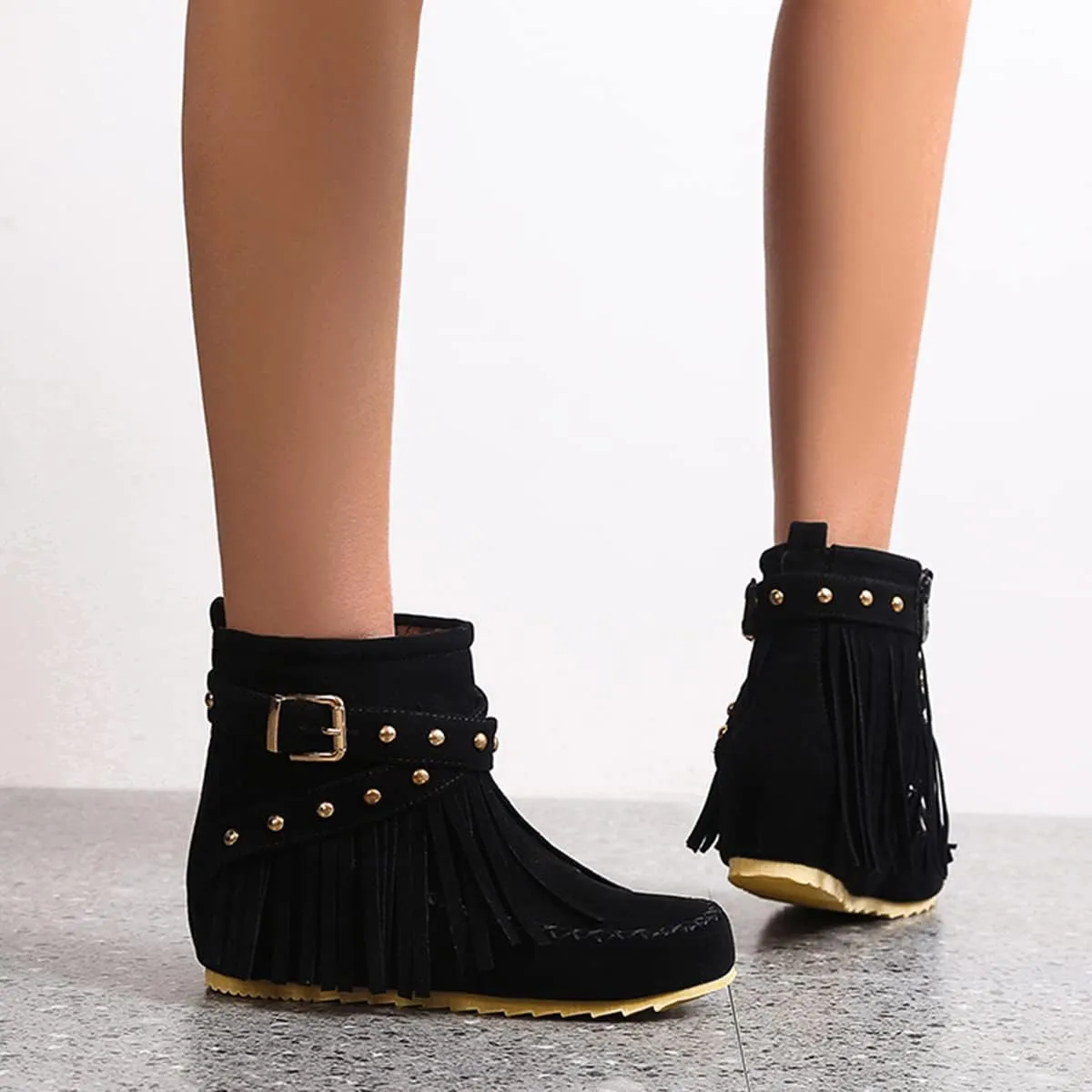 Roimaash Classic Fringe Moccasin Boots Ankle High Women Low Heel Booties