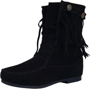 Roimaash Classic Fringe Moccasin Boots Ankle High Women Low Heel Booties