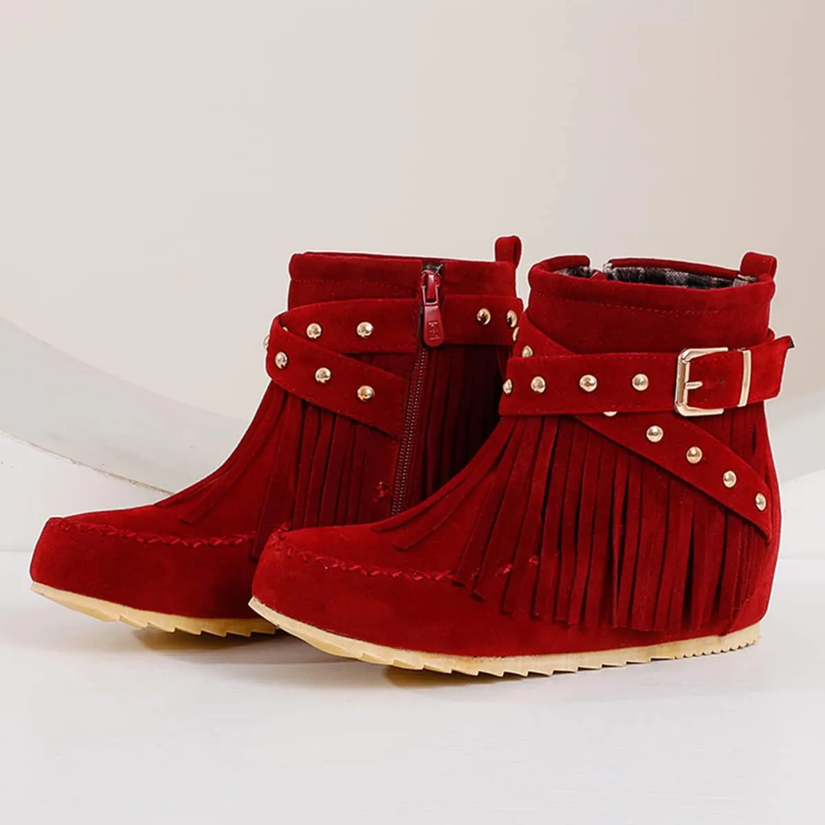 Roimaash Classic Fringe Moccasin Boots Ankle High Women Low Heel Booties
